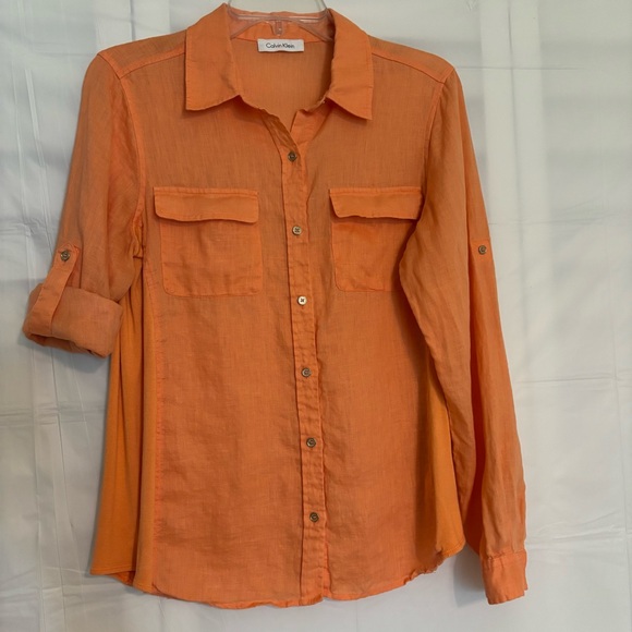 Calvin Klein Linen Orange Shirt Longe Sleeve - Picture 2 of 9